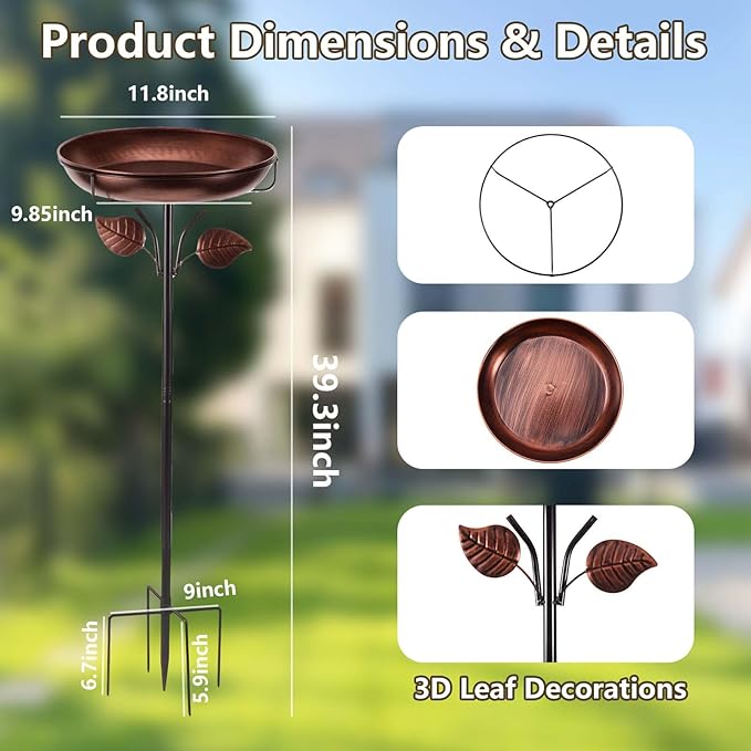 Metal Bird Bath for Outdoors, Weatherproof Detachable Bird Bath, Retro Bronze Garden Decor, 40 Inches Tall,Reinforced Bracket，Suitable for Gardens, Backyards, Patios, and Flower Beds