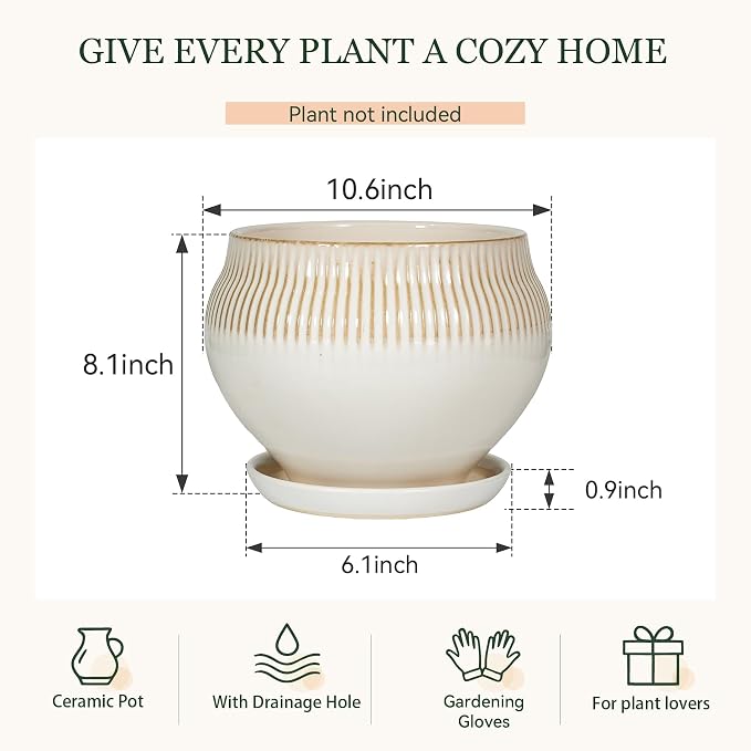 10.6 Inch Modern Ceramic Plant Pot with Drainage Hole and Mesh Net, Indoor Outdoor Planter with Saucer & Gardening Glove, Pots for Succulents, Flowers, Large Plants, White