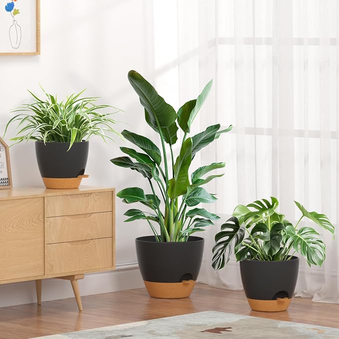12/10/9 Inch Self Watering Pots for Indoor Outdoor Plants, Set of 3 Large Plastic Planters with Visual Water Window, Drainage Holes & Watering Lip, Modern Decorative Flower Pots (Black)