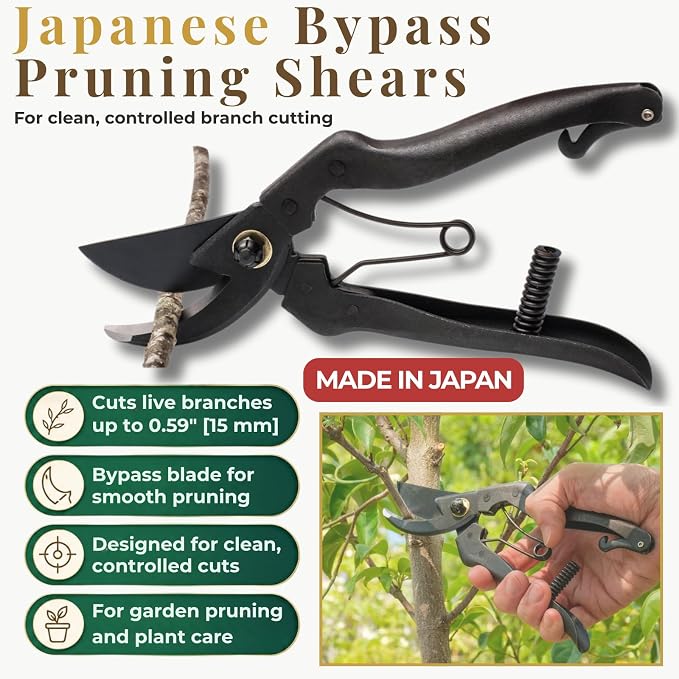 Wablade Japanese Pruning Shears Made in Japan, 7.9 Inch Bypass Hand Pruner for Live Branches up to 0.59 Inch, Forged Alloy Steel Blade Garden Shears for Clean, Controlled Cutting (Cusion-Spring Model)