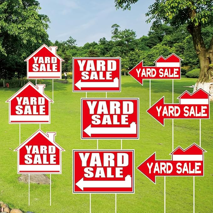 SUPERDANT 9Pcs Yard Sale Yard Sign with 18 Stakes Courtyard Auction Lawn Decorations Courtyard Sale Waterproof Sign Yard Outdoor Red and White Lawn Decorative Sign for Garden Lawn Decoration