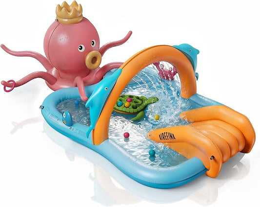 Airefina Inflatable Kiddie Pool, Detachable Octopus King Toddler Pool with Water Slide Splash Pad, Inflatable Play Center with Turtle Toss Target for Backyard, Garden, Water Park, Ages 3+