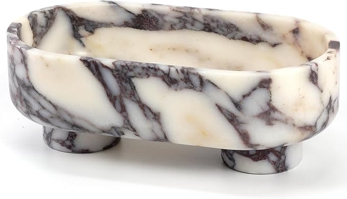 LIN CHUAN Natural Oval Marble Fruit Bowl for Kitchen Counter | Two-Legged Decorative Pedestal Bowl for Dining Table Decor, 10" Luxury Entryway Catchall Purse Bowl - Calacatta Viola