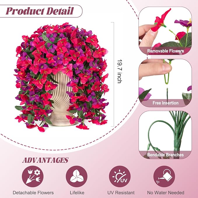 INXUGAO 2 pcs Artificial Faux Bougainvillea Flowers Plants for Outdoor Outside Summer Decoration, Fake Silk UV Resistant Long Trailing Vines for Front Door Porch Planter Balcony (Rose Deep Lotus)