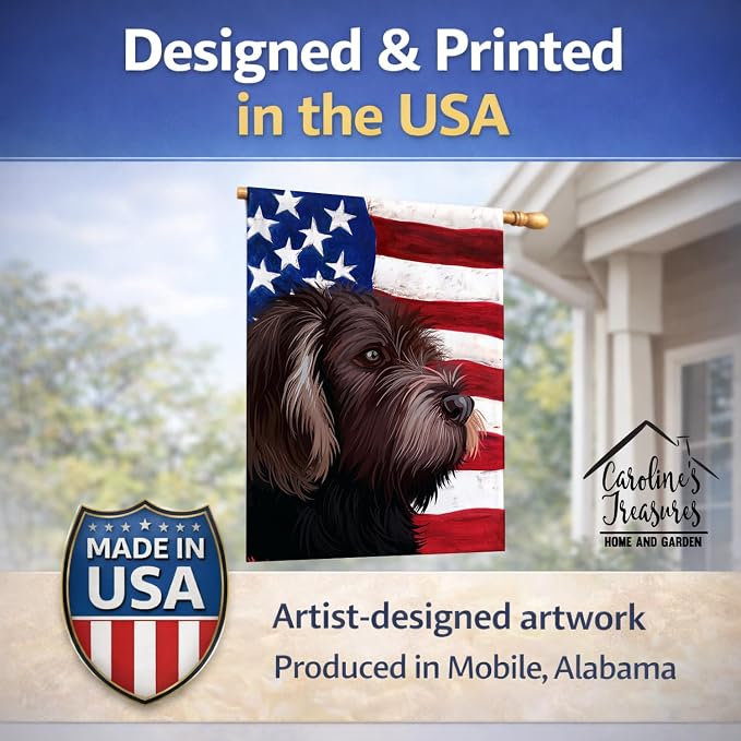 Caroline's Treasures CK6535CHF German Roughhaired Pointer American Flag House Flag Large Porch Sleeve Pole Decorative Outside Yard Banner Artwork Wall Hanging, Polyester, House Size, Multicolor