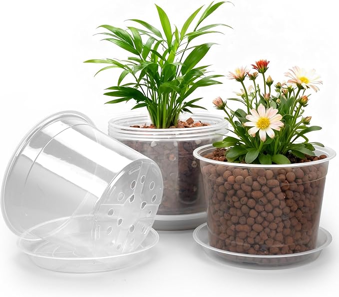 RAOOKIF 8 Inch Nursery Pots with Saucers, 6 Pack Clear Nursery Pots with Drainage Hole for Indoor Outdoor, Large Size Plastic Clear Pots for Plants for Flowers, Succulents, Vegetables