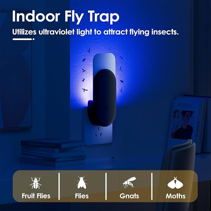 TIENBE Flying Insect Trap, 2 in 1 Indoor Plug-in Fruit Fly Trap, 4 Trap Black and 24 Glue Cards, Fruit Fly Traps for Gnat, Moth, Mosquito, Suitable for Every Part of The Home