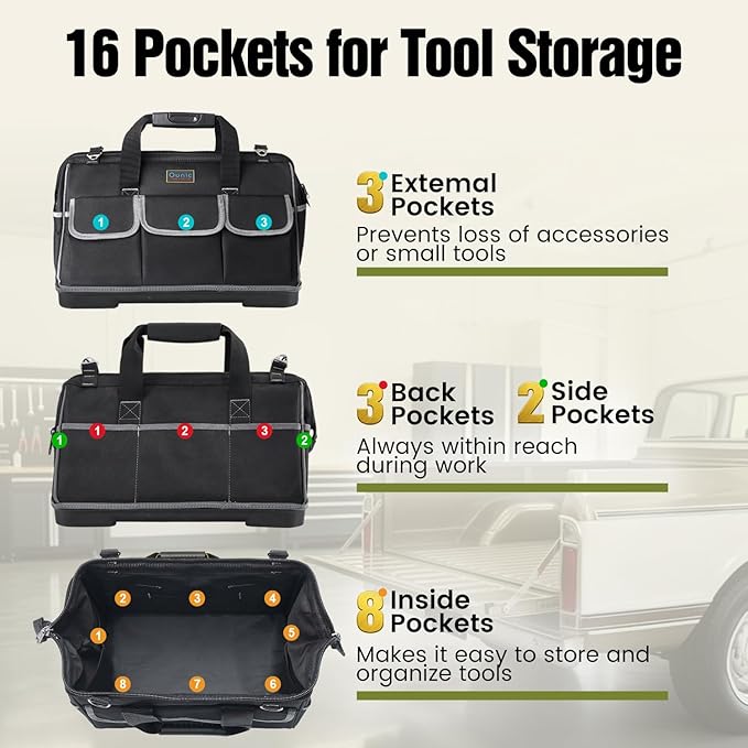 Tool Bag, Ounic 16 Inch BigTool Tote Bag Heavy Duty With Waterproof Molded Base, Wide Mouth Tool Box Organizer with Adjustable Shoulder Strap for Electrician Mechanic Craftsman Plumbers(Black)