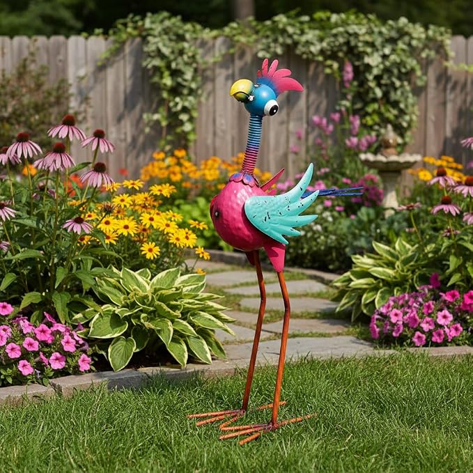 Metal Rooster Statue Outdoor Garden Decor,19" Wacky Rooster Decor Yard Statue Decorations Outdoor,Funny Chicken Sculpture for Patio, Lawn, Backyard (Pink)