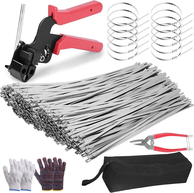 300PCS Metal Zip Ties Gun Kit, 12 Inch Heavy Duty Metal Zip Ties, Multi-Purpose Self-Locking Cable Tie Tool Set for Vehicles Farms Plants Fences Pipe Bundling, Scissors