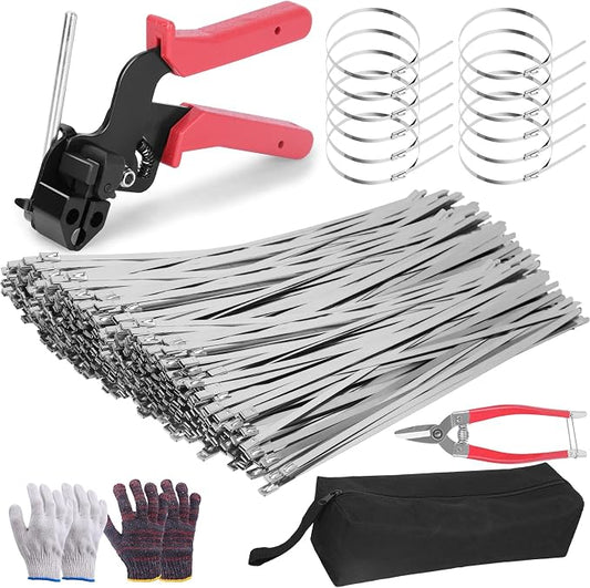 300PCS Metal Zip Ties Gun Kit, 12 Inch Heavy Duty Metal Zip Ties, Multi-Purpose Self-Locking Cable Tie Tool Set for Vehicles Farms Plants Fences Pipe Bundling, Scissors