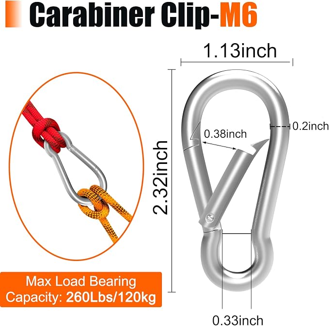 Heavy-Duty Carabiner Clip 1.57"–5.5", Black/Silver Spring Snap Hook, Quick Link Keychain Clip for Keys, Swing Set, Camping, Fishing, Hiking & Traveling (120–1350 lbs)