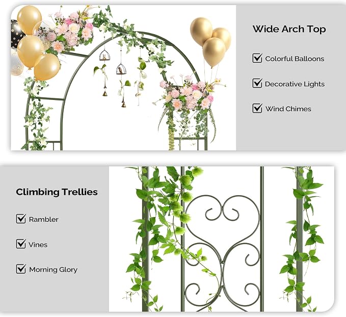 Outvita Garden Arch Trellis with Base, Heavy Duty Metal Arbour Archway for Climbing Plants Outdoor, Wedding Ceremony Party Patio Decor Olive Green