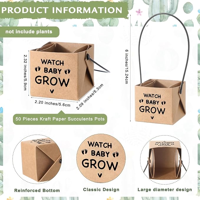 Geetery 101 Pcs Succulent Baby Shower Party Favor 1 Wooden Table Sign 50 Tags and 50 Kraft Succulent Pots for Guest Baby Shower Favors Gifts(Watch Baby)