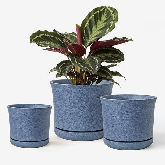 Ceramic Plant Pots Set of 3, 4.3"/5.6"/6.9" Indoor Plant Pots with Drainage Hole and Attached Saucer, Modern Ceramic Planters for Indoor Plants, Succulents, Herbs, Matte Blue Flower Pots