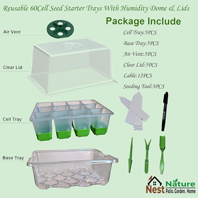 NestNature 5-Pack Seed Starter Tray Set|60-Cell Flexible Germination Trays | Reusable Seed Trays W/Humidity Dome & Lids For Plants, Flexible Pop-Out Design&Dishwasher Safe For Herbs,Vegetables,Flowers