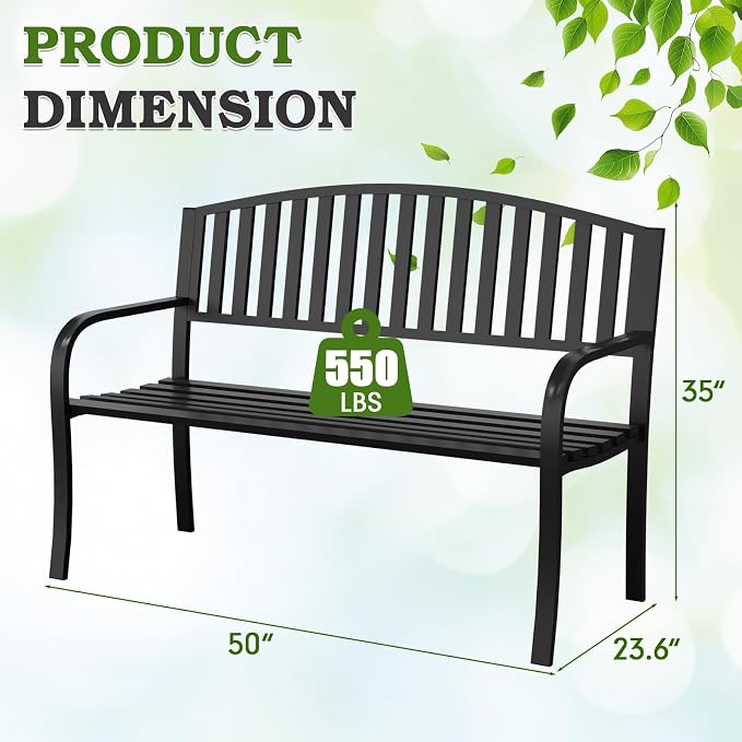 50" Outdoor Garden Bench, Iron Metal Frame Patio Bench with Backrest and Armrests, Weatherproof Anti-Rust Outdoor Bench for Front Porch, Park, Yard, Patio (402-32BK)