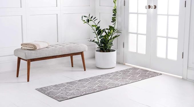 Unique Loom Trellis Frieze Collection Area Rug - Geometric (2' x 8' 8" Runner, Light Gray/ Ivory)