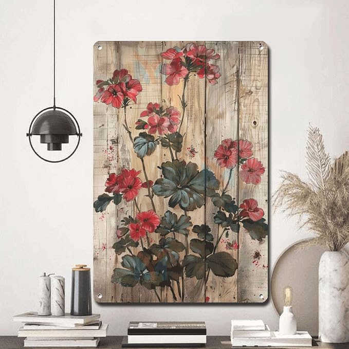 Metal Sign Tin Sign Vintage Wall Art Rustic Garden Pelargoniums Tin Sign for Vintage Wall Art Shabby Chic Gardens and Distressed Wood Boho Office Decor for Home Decor 6×8 Inches