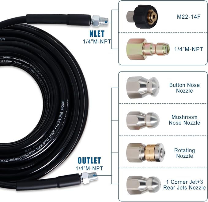 100FT Sewer Jetter Kit for Pressure Washer, 5800PSI Drain Cleaner Hose 1/4 Inch NPT Corner with 4 Sewer Jetting Nozzles，Waterproof Tape，Pearl Corsage Pin，Handle Strap & 2 Spanners (Black)