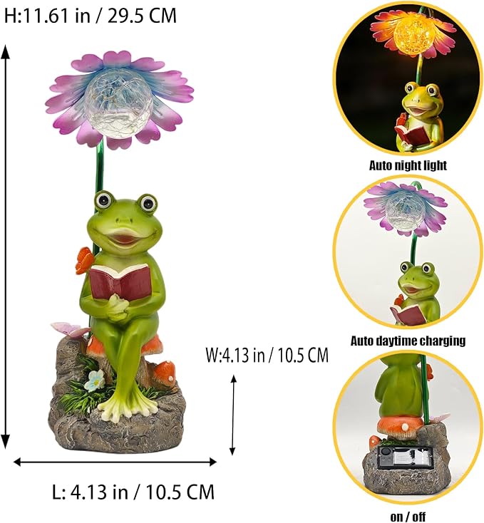 COWOS Solar-Powered Frog Garden Statue with Glowing Flower Light, Miniature Resin Figurine for Outdoor Patio, Yard, Lawn Decor