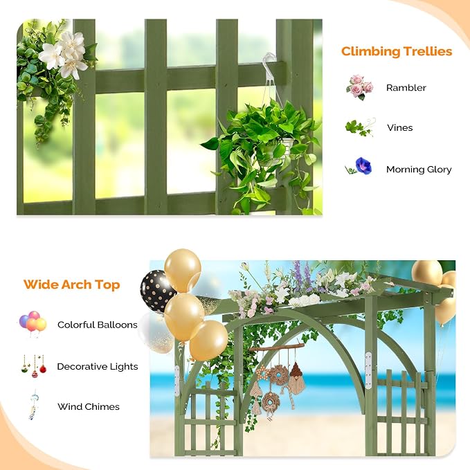VINGLI 85in Wooden Arbor Garden Arch, Wedding Arch for Ceremony, Wood Trellis for Plant Climbing, Christmas Decor Pergola for Garden Backyard, Lawn (Olive Green)
