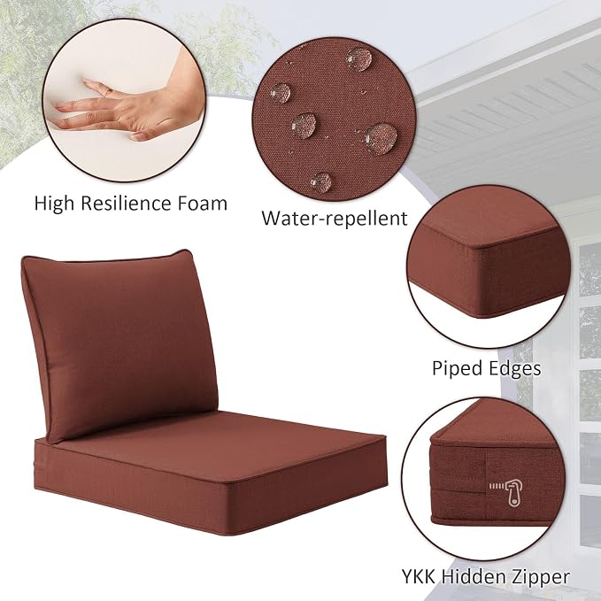 Unimatta Sunbrella Outdoor Patio Chair Cushions Set, 24" x 24"(24x24 Back), Set of 2, Water-Repellent, Fade Resistant, Deep Seat Bottom and Back Cushion for Backyard, Couch, Sofa, Canvas Henna