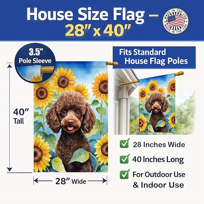 Caroline's Treasures DAC6139CHF Chocolate Poodle in Sunflowers House Flag Large Porch Sleeve Pole Decorative Outside Yard Banner Artwork Wall Hanging, Polyester, House Size, Multicolor