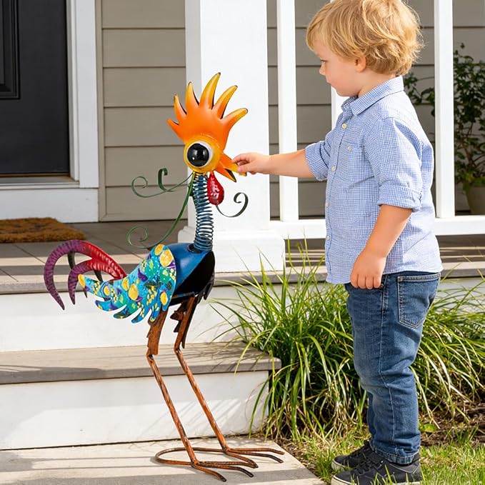 Metal Wacky Rooster Garden Statues Outdoor Decor, 23'' Rooster Decor Chicken Yard Sculptures Art Decoration for Home Outsiede Patio Lawn Backyard, Gift for Women Lovers Moms(Blue)