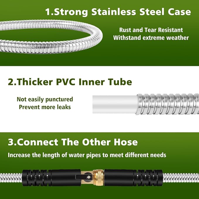 Metal Garden Hose 25ft Stainless Steel Hose Heavy Duty Flexible Water Hose with 10 Way Spray Nozzle 3/4 Solid Brass Fittings-Outdoor Yard Lightweight No Kink Leak Resistant Water Pipe
