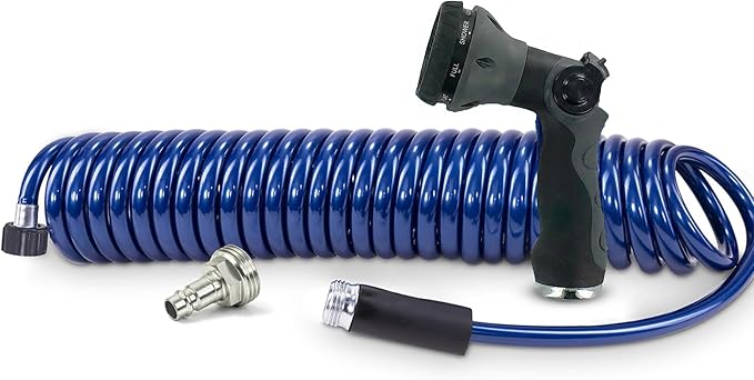 SpringHose RV Water Hose 3/8 in by 25-Foot Polyurethane Safe RV Drinking Water Hose - Premium and Lightweight Coiled Hose with Quick-Connect Male Adapter Plug and Nozzle, Made in Canada, Blue