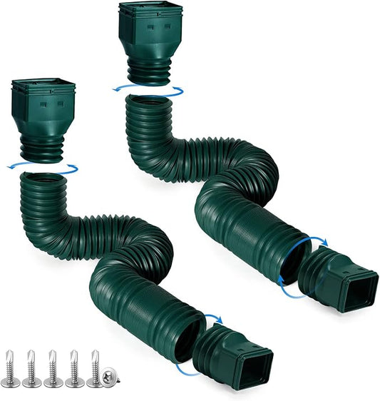 plusgutter Green-2pack Rain Gutter Downspout Extensions Flexible, Drain Downspout Extender,Down Spout Drain Extender, Gutter Connector Rainwater Drainage,Extendable from 21 to 68 Inches