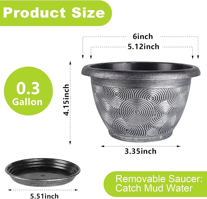 6-Inch-Plastic -Pots-for -Plant with Saucer, 6 Pack Outdoor Planters with Drainage Holes, Decorative Small Flower Pots for Indoor Plants, Modern 3D Swirl Silver Plant Pots with with Removable Tray