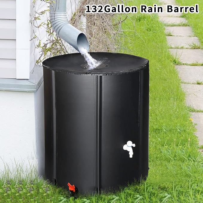 Collapsible Rain Barrel, 132 Gallon Portable Rainwater Collection System, Rain Catcher Barrel, Water Storage Tank with Two Spigots and Overflow Kit, Rain Water Barrel Collector for Garden, Black