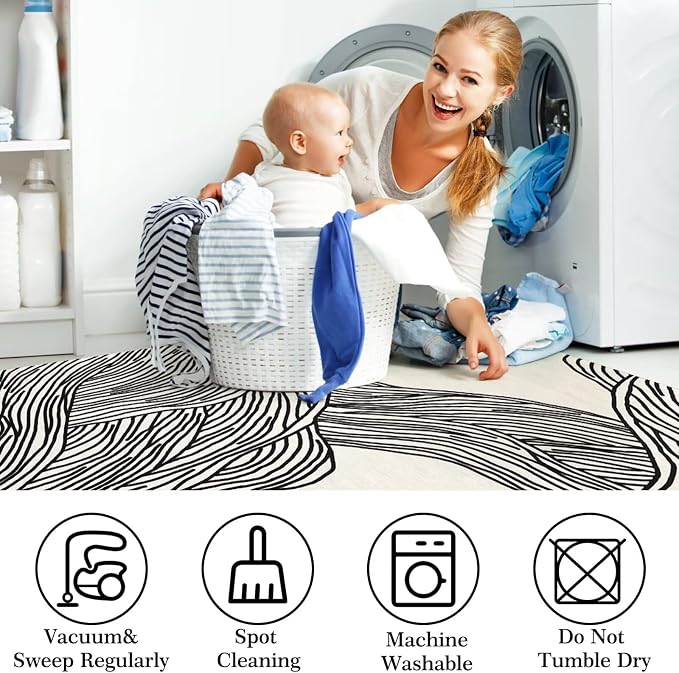 GAOMON 10x13 Large Washable Indoor Rug - Modern Abstract Aesthetic Lines Printed Soft Faux Wool Floor Cover - Low Pile Non-Slip Accent Foldable Thin Rug for Living Room Bedroom - Beige