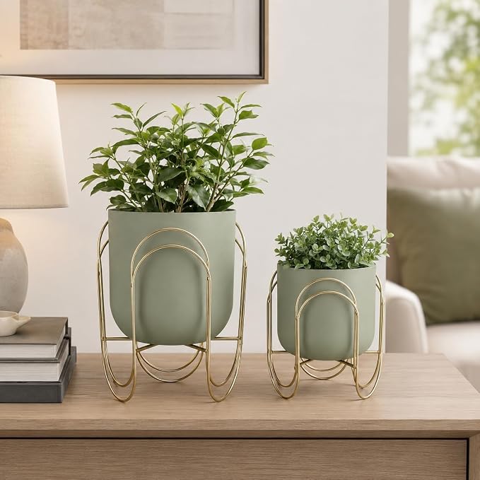 JHY DESIGN Set of 2 Planters with Stand Indoor Outdoor Metal Plant Stand 11.5/8" H Modern Planters Flower Pots for Living Room Corner Kitchen Office Garden Balcony Patio Decor(Green)