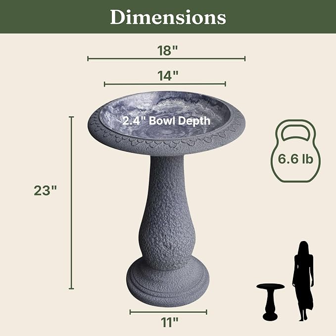 Large Bird Bath for Outside 23 Inch Weathered White - Stone-Resin Composite Pedestal Birdbath Bowl - Standing Outdoor Garden Decor for Front Porch Patio Yard Backyard Lawn Ornament