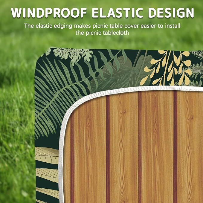 Picnic Table Cover with Bench Covers Elastic Edges, 3 Pcs Leaf View Fitted Table Cover with Drawstring Bag, Waterproof Windproof Aesthetic Camping Tablecloth, Outdoor Camping Essentials 72 Inch