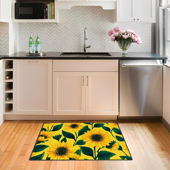 Sunflower 2x3 Entryway Rug,Spring Summer Cheerful Door Mat for Kitchen,Sunroom,Front Door -Washable Non-Slip Rubber Backing Indoor Outdoor- Bright Floral Farmhouse Decor