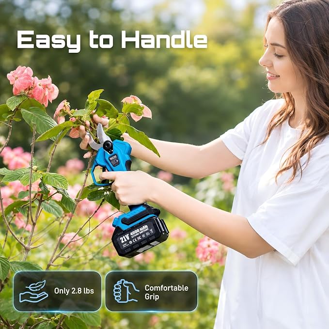 SEESII Electric Pruning Shears Cordless: Up to 1.6" Cutting Diameter Power Pruner - 2 Pcs 4.0Ah Batteries, Brushless Motor, Extra SK5 Blade, 4 Modes Adjustable Branch Cutter for Tree Flower Trimming