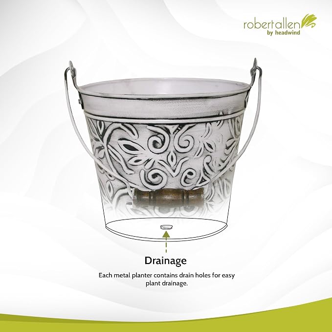Headwind Vintage Collection - Floral Rustic White Planter with Handles – 8 Inch Medium Flower Pots Decorative Plant Indoor – Plant Pots Indoor with Drainage By Robert Allen