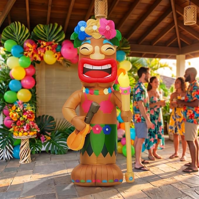 Shappy 5ft Inflatable Tiki Guitar Lighted Blowup Hawaiian Pool Party Decor | Luau Tropical Inflatables Giant Outdoor LED Tiki Blow up Aloha Bar Beach Summer Pool Surfing Party Decorations