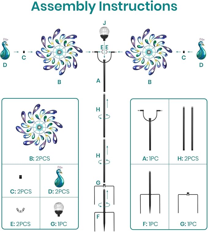 Peacock Wind Spinner Metal Kinetic Turquoise Green Garden Yard Art | Hand-Crafted, Shimmering turquoise metal peacock sculpture, Auto-glow solar crackle ball, Stable 5-prong stake