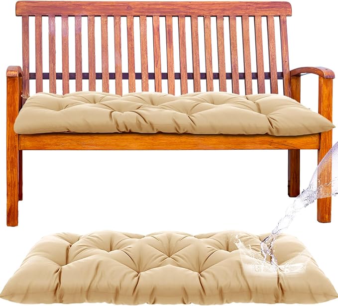 Wenqik Outdoor Bench Cushion 48 x 20 x 3 Inch Waterproof Patio Swing Cushion with Removable Zippered Cover Adjustable Ties Seat Pad for Porch Bench Garden Loveseat (Beige, Classic)