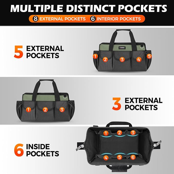 Kingfun 16 Inch Heavy Duty Wide Mouth Tool Bag with 14 Pockets | Adjustable Shoulder Strap & Padded Handle, Durable Tool Storage Bag for Electricians, Mechanics & more (Green)