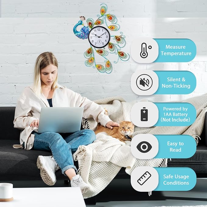 Unique Outdoor Clock Silent None-Ticking, Outdoor Wall Clock with Thermometer, Waterproof Outside Clock for Patio, Living Room, Kitchen (Blue Peacock)