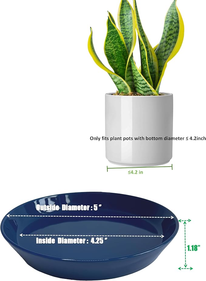 Ceramic Plant Saucer Tray 4 Pcs 4 5 Inch Blue, 5" OD x4.25 ID x1.18 Deep| Round Sturdy Heavy Duty Glazed Bevel Planter Drip Flower pots with Catch Basin for Indoor Outdoor Plants
