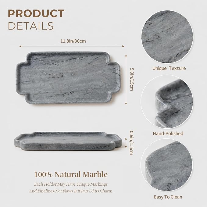 Natural Marble Scalloped Tray 12in Solid Stone Vanity Organizer | Grey Natural Marble Scalloped Vanity Tray 11.8x5.9" Hand-Polished Stone Dish for Candle, Jewelry, Bathroom Decor