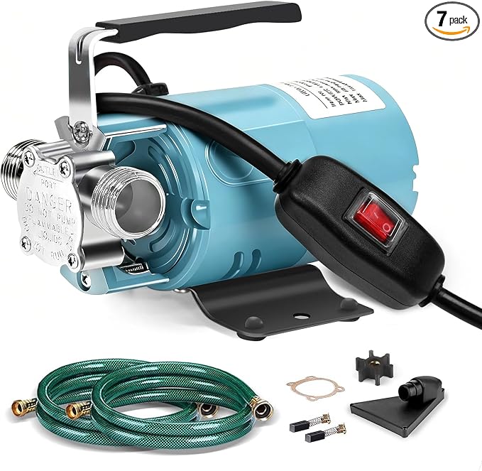 Water Transfer Pump, 115V 1/10HP Electric Utility Pump with On/Off Switch 2*6 ft Water Hoses Kit for Removing Water from Garden Pool Aquariums Hot Tub Draining 1/8’’ Low Suction for Rain Barrel (Blue)