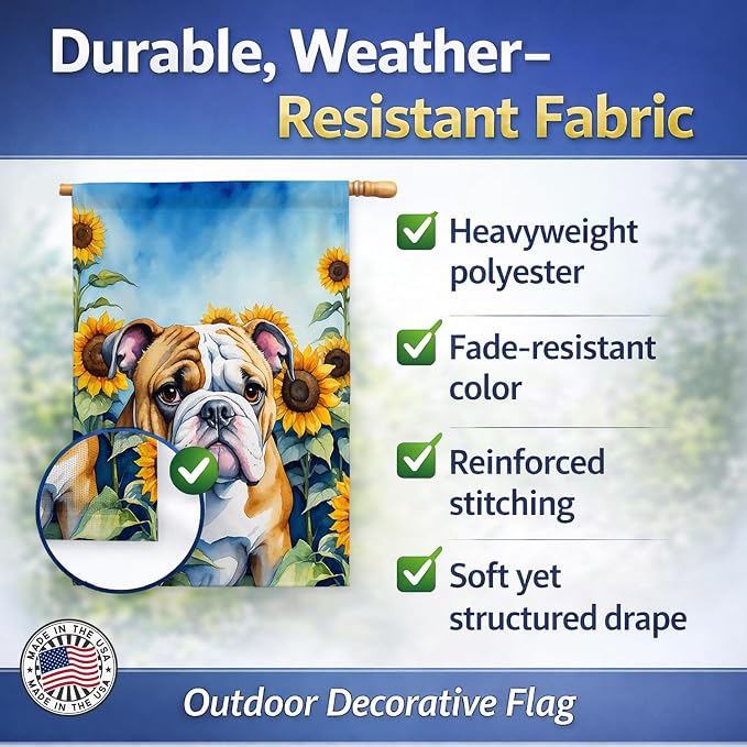 Caroline's Treasures DAC6072CHF English Bulldog in Sunflowers House Flag Large Porch Sleeve Pole Decorative Outside Yard Banner Artwork Wall Hanging, Polyester, House Size, Multicolor